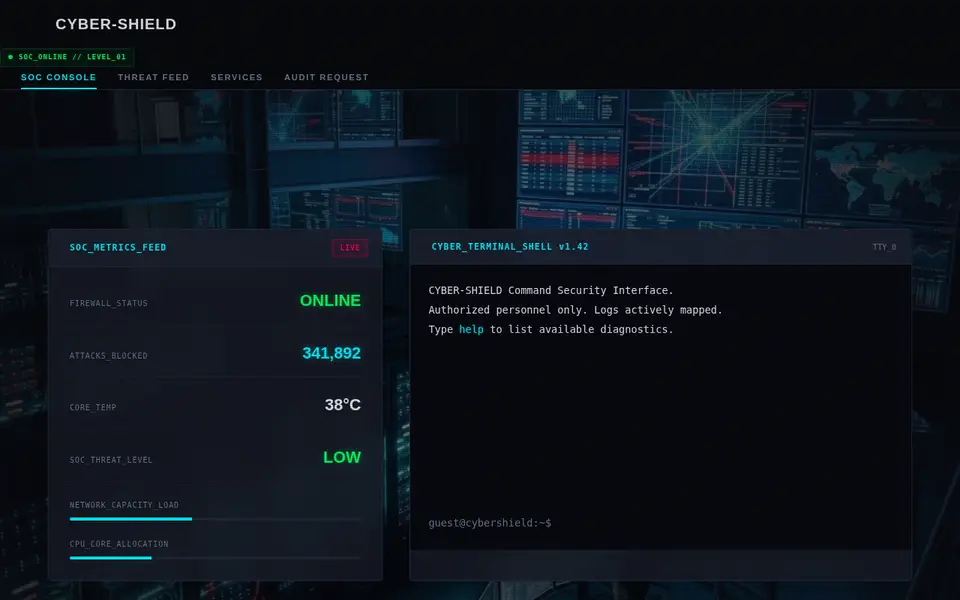 Cyber-Shield — desktop view of the landing screen