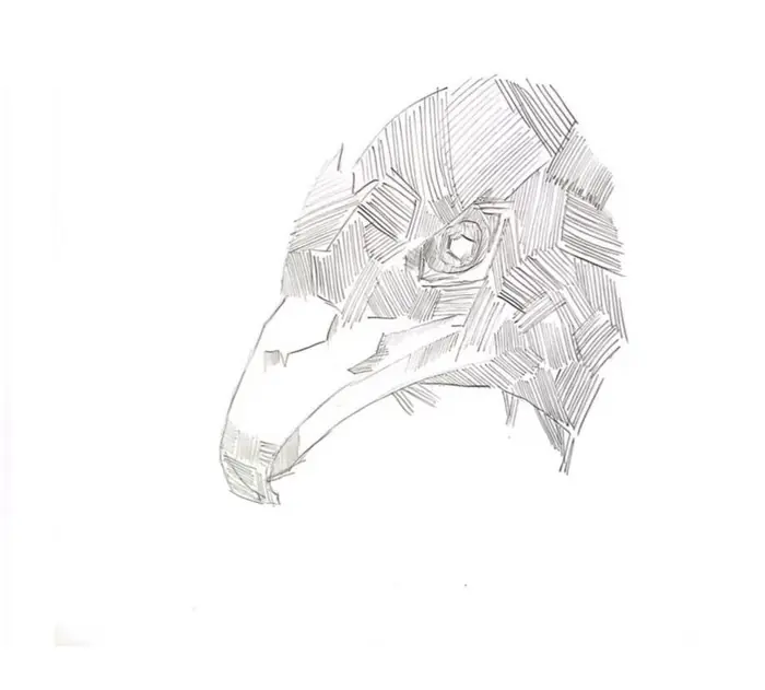 Pencil study of an animal skull in profile, built from dense crosshatching
