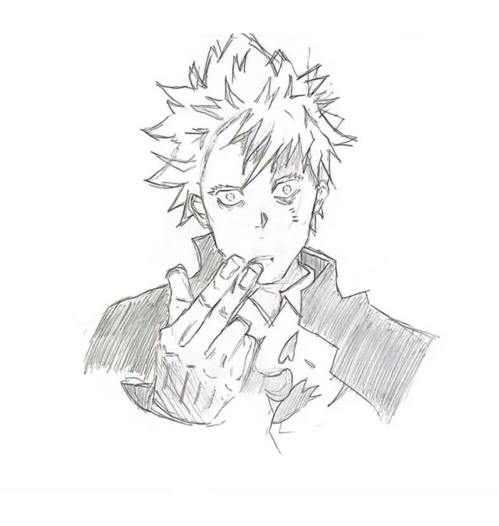 Ink drawing of a spiky-haired character in a collared jacket, hand raised to the mouth