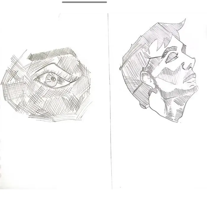 Two sheets — a crosshatched eye study and a male profile in heavy pencil