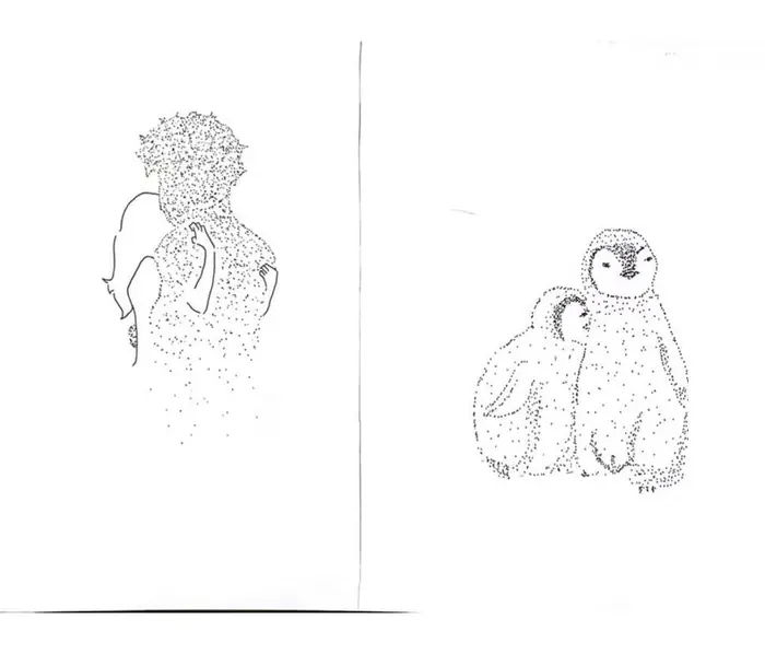 A penguin chick and a standing figure, both rendered in stippling